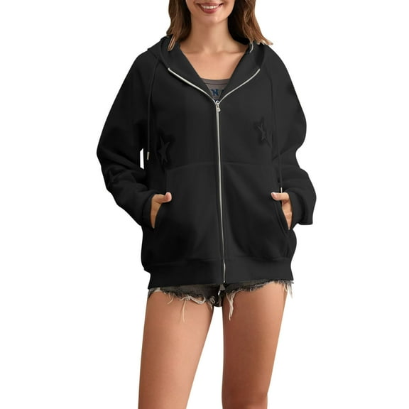MIUOWANP Womens Zip up Sweatshirts Women's Casual Loose Winter Zipper Embossed Jacket Hoodie Black S