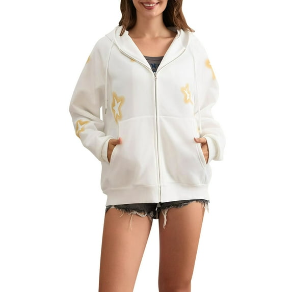 MIUOWANP Womens Zip up Sweatshirts Women's Casual Loose Winter Zipper Embossed Jacket Hoodie White S