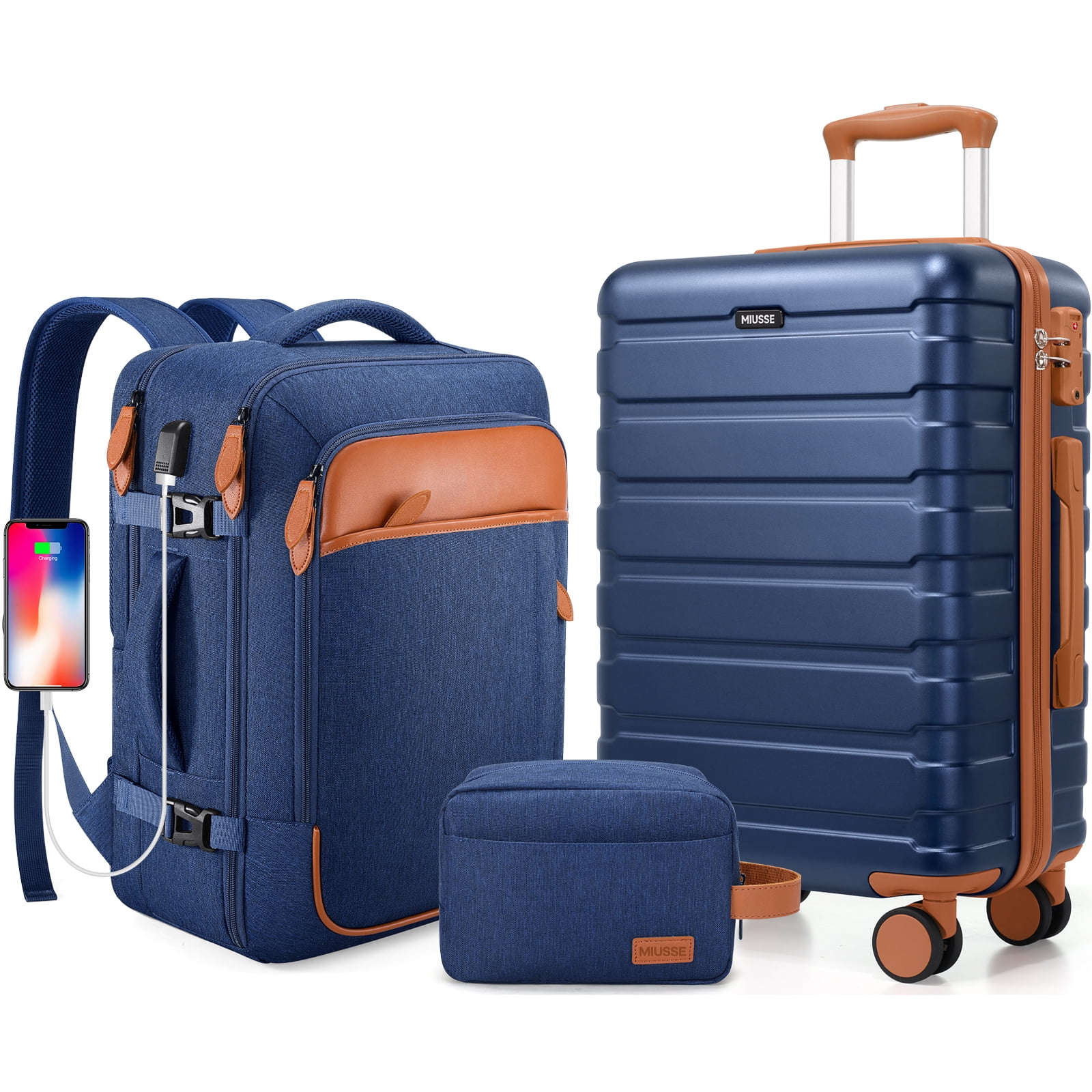 MIUSSE Carry on Luggage Set 3 Piece Hard Shell Luggage Sets with YKK Zipper Spinner Wheels TSA Lock Carry on with Backpack Set
