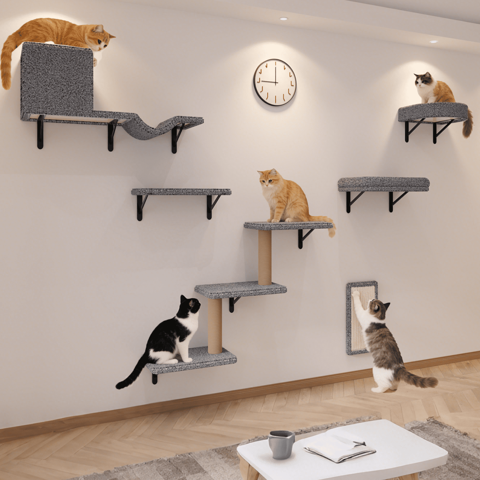 MIUZMORE Cat Wall Shelves, 10-Piece Complete Cat Wall Furniture System with Perches and Scratching Posts, Stable Floating Climbing Set for Large Indoor Cats, Space Saving Kitty Furniture