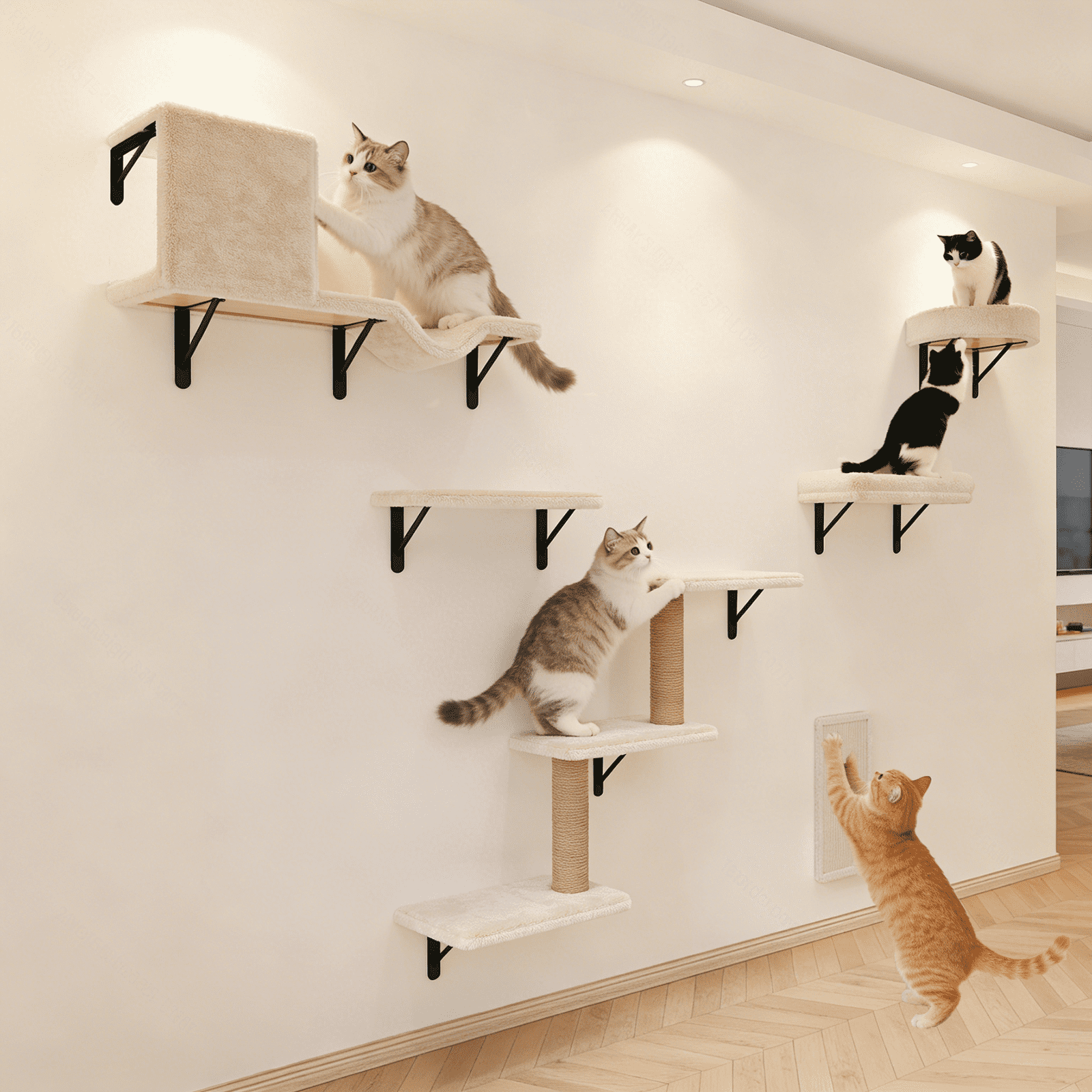 MIUZMORE Cat Wall Shelves, 10-Piece Complete Cat Wall Furniture System with Perches and Scratching Posts, Stable Floating Climbing Set for Large Indoor Cats, Space Saving Kitty Furniture