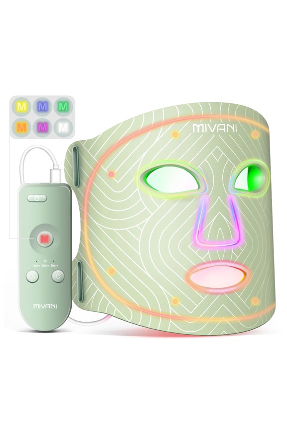 LED Face Mask Light Therapy, 7 Colors 8 Modes Portable Red Light Therapy for Face with Near-Infrared Light, 368 LEDs for Anti-Aging, Rechargeable Remote, Lightweight for Home & Travel (Green)