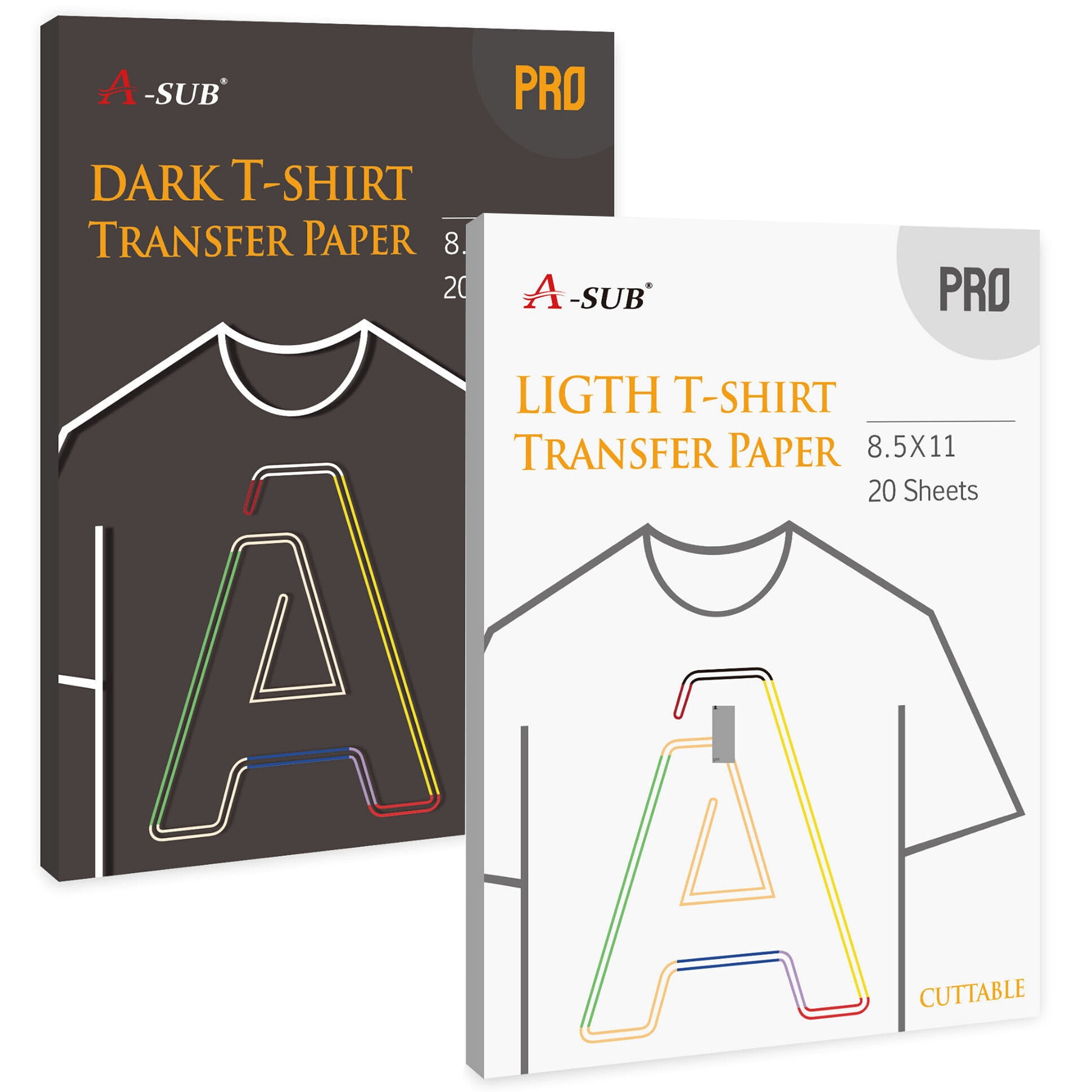 MIX 40 Sheets Light and Dark Transfer Paper , A-SUB PRO Inkjet Iron-on Heat Transfer  Paper for Dark + Light Fabrics, Transfer Paper for T-shirts 8.5x11  Compatible with Cricut 