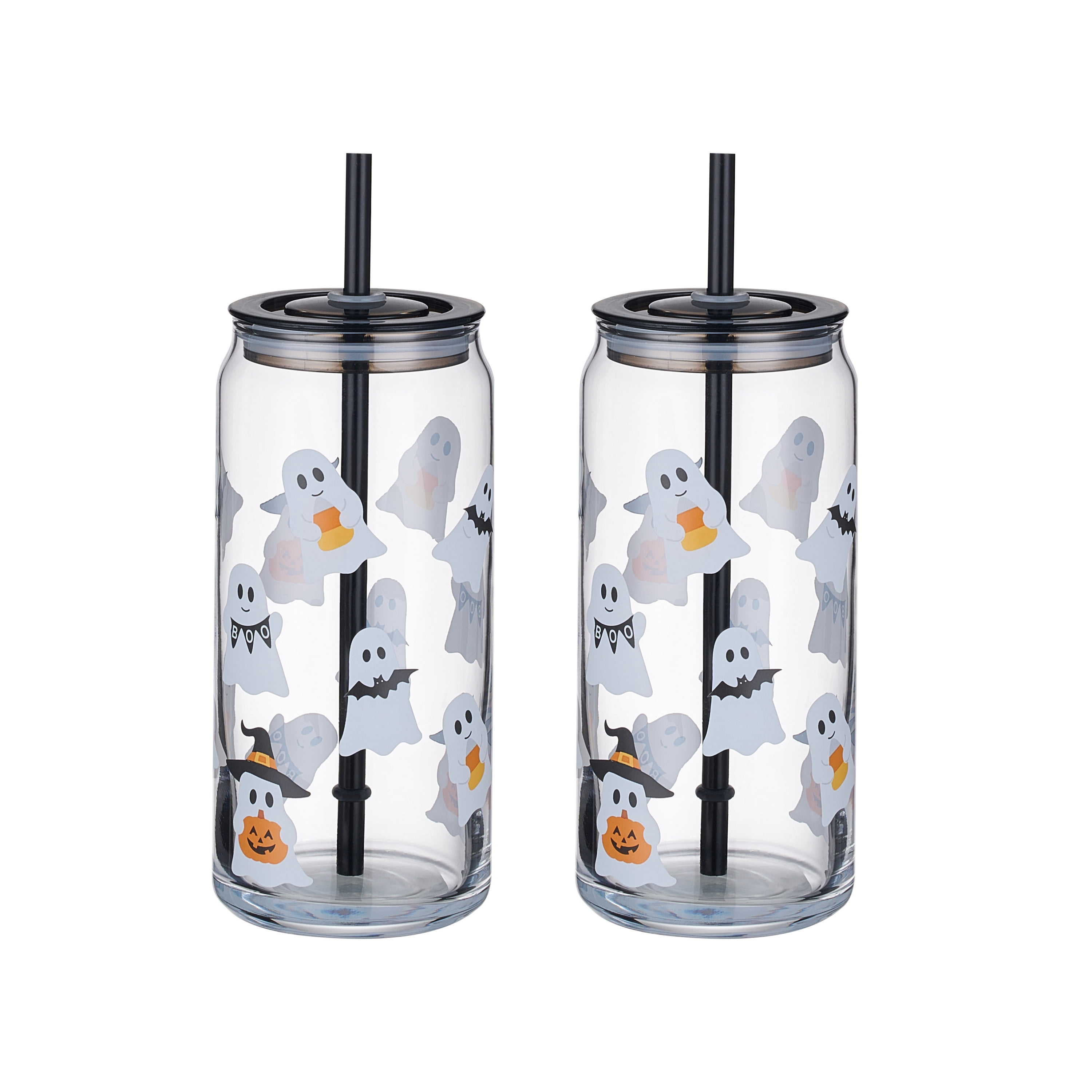 Way to Celebrate Halloween Mixed Ghost Glass Can Sipper Tumblers, 20 oz, 2-Pack