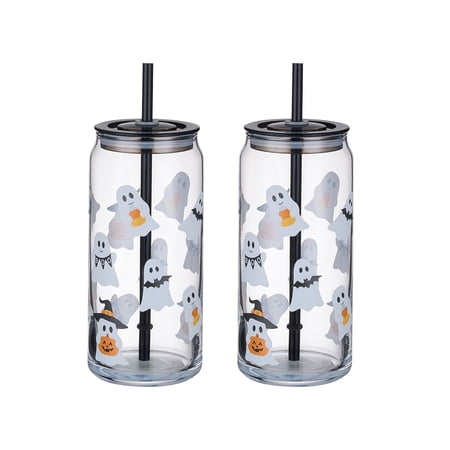 Way to Celebrate Halloween Mixed Ghost Glass Can Sipper Tumblers, 20 oz, 2-Pack