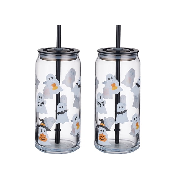 Way to Celebrate Halloween Mixed Ghost 20oz Glass Can Sipper 2 Packs