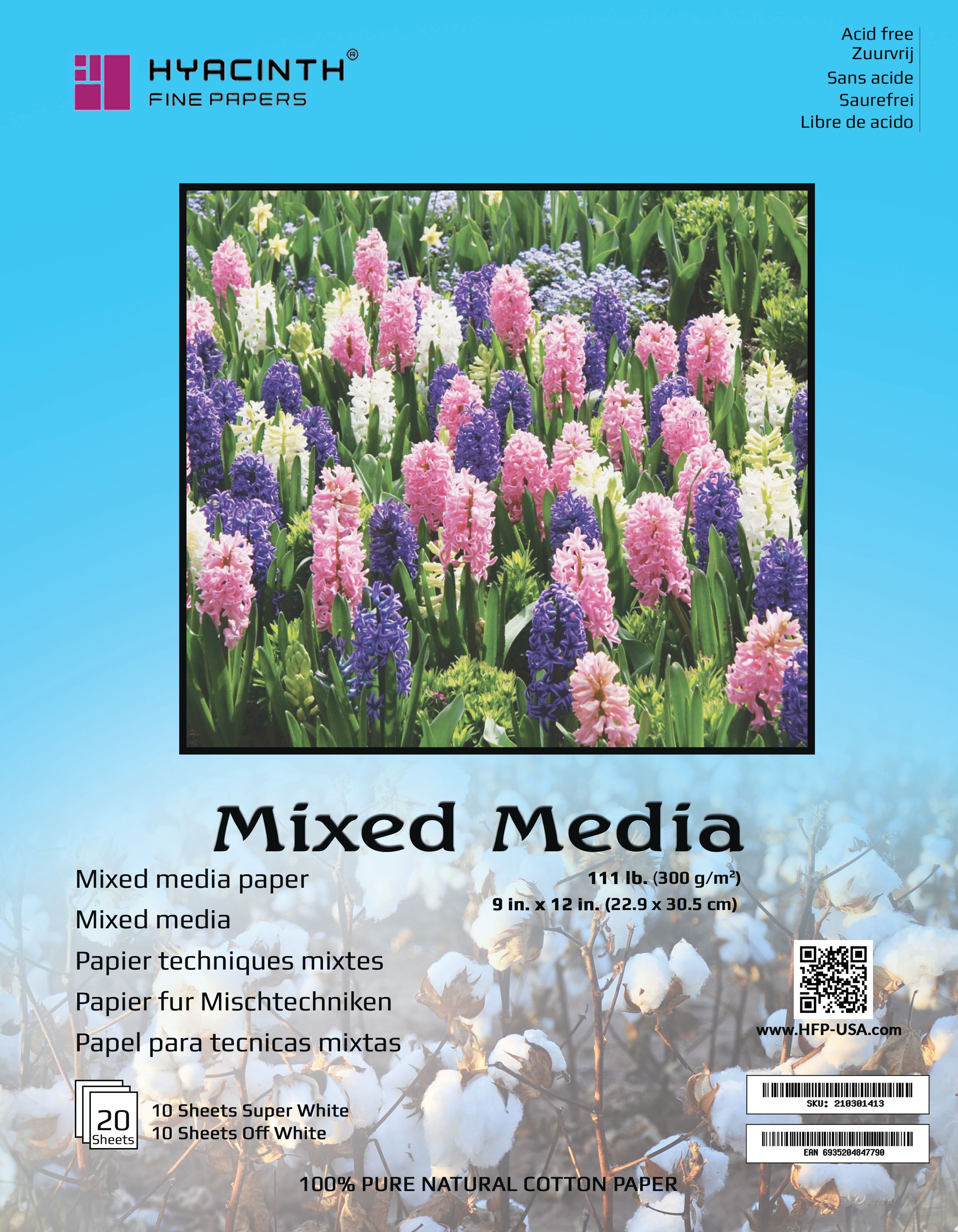 MIXED MEDIA 100 COTTON CARDSTOCK PAPER 111 LB / 300 GSM 9X12" 10 SHEETS SUPER WHITE AND 10