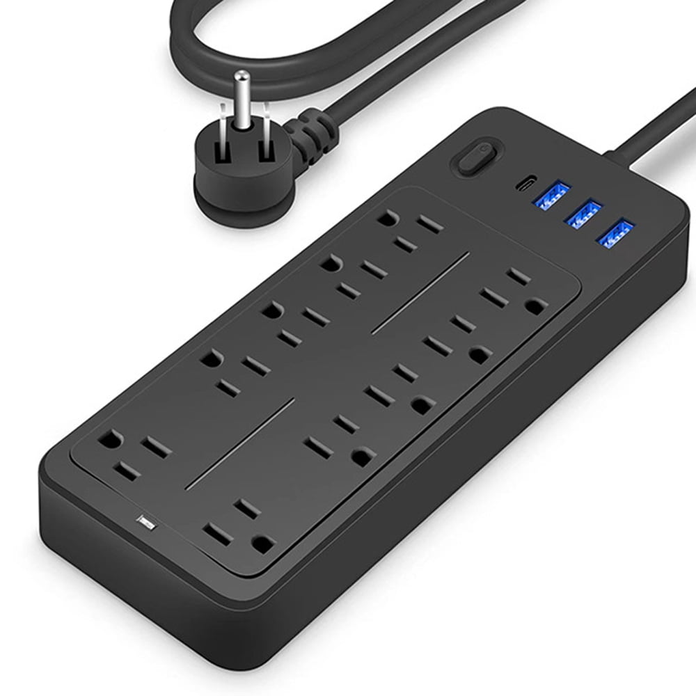 MIXFEER 10 AC-Outlet Power Strip Surge Protector with 6Ft Extension Cord, Flat Plug, 3 USB & 1 Type-C Ports, 900 Joules, Black