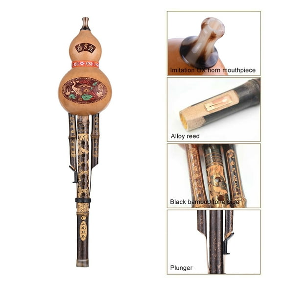 MIXFEER Chinese Handmade Black Bamboo Hulusi Gourd Cucurbit Flute Ethnic Musical Instrument Key of C with Case for Beginner Music Lovers
