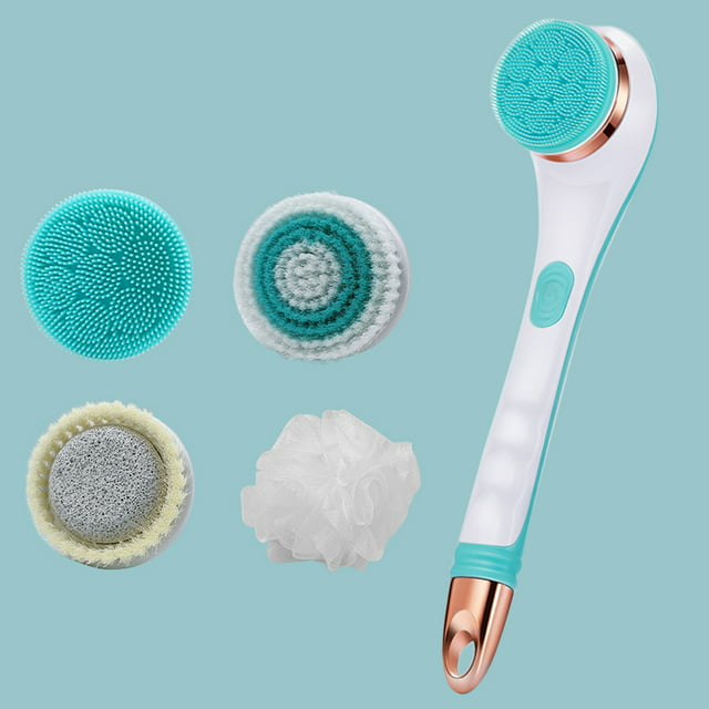 MIXFEER Electric Silicone Bath Brush Back Scrubber 4 Brush Heads USB Rechargeable Rotating Shower Massager with 2 Speeds Long Handle Body Cleansing Brush