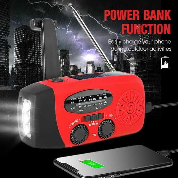 MIXFEER Emergency Sun Powered Hand Crank /AM/NOAA Weather Alert with LED Light Power Bank Function