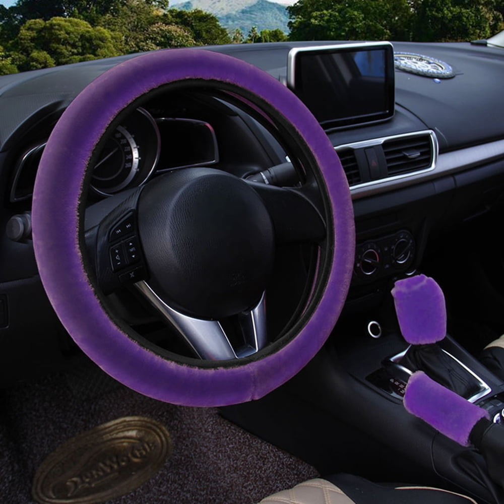 MIXFEER Universal Plush Interior Accessories 3 pcs Purple Winter Warm Steering Wheel Cover Handbrake Cover Gear Cover