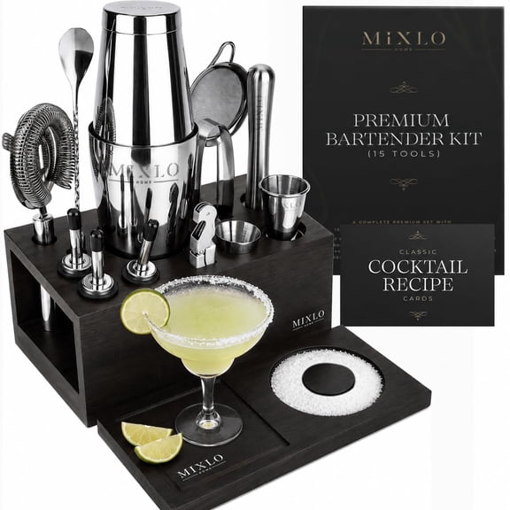 MIXLO HOME Mixology Bartender Kit -15Pcs Bar Set Cocktail Shaker Set w Black Bar Cart Accessories Stand - Shakers Bartending Silver Tools, 24oz Shaker, 17 Recipe Cards, Martini Barware