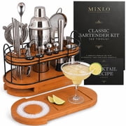 MIXLO HOME Mixology Bartender Kit - 22Pcs Bar Set Cocktail Shaker Set w Brown Bar Cart Accessories Stand - Shakers Bartending Silver Tools, 24oz Shaker, 17 Recipe Cards, Martini Barware