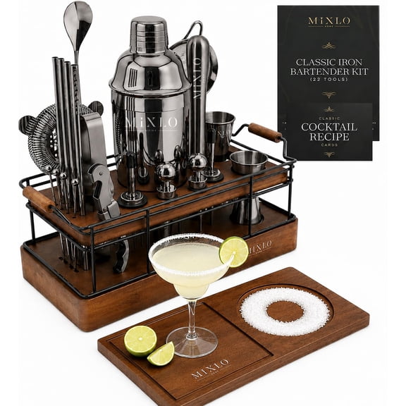 MIXLO HOME Mixology Bartender Kit - Classic Iron 22 Dark Brown Stand - Gunmetal Tools with Cobbler Shaker