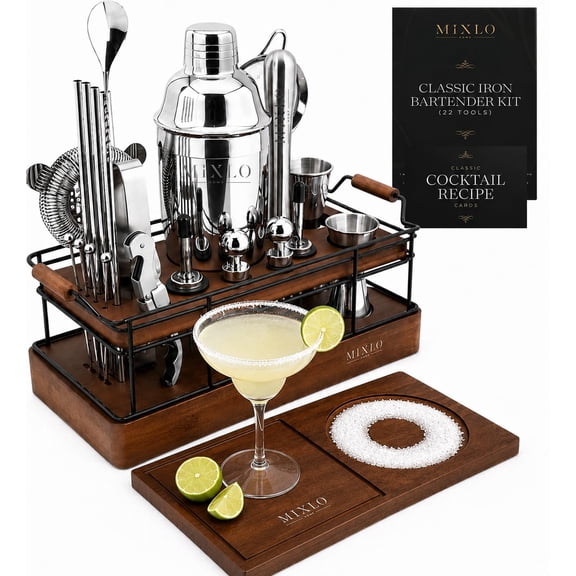 MIXLO HOME Mixology Bartender Kit - Classic Iron 22 Dark Brown Stand - Silver Tools with Cobbler Shaker