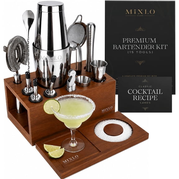 MIXLO HOME Mixology Bartender Kit - Premium 15 Brown Stand - Silver Tools with Boston Shaker