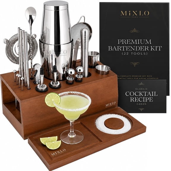 MIXLO HOME Mixology Bartender Kit - Premium 22 Brown Stand - Silver Tools with Boston Shaker