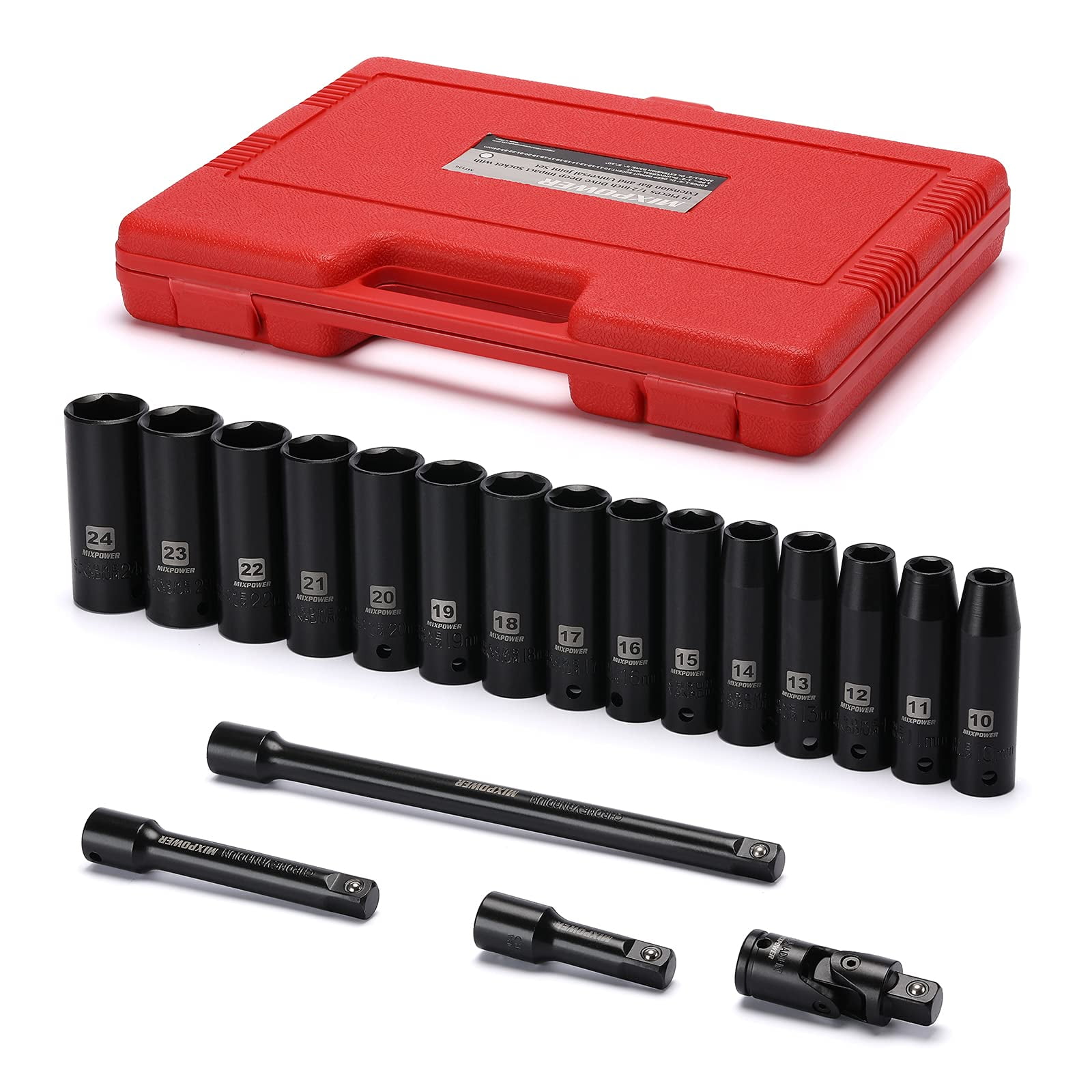 MIXPOWER 1/2inch Drive Deep Impact Socket Set, CRV, Metric Size 1024mm, 6 Point, Perfect for
