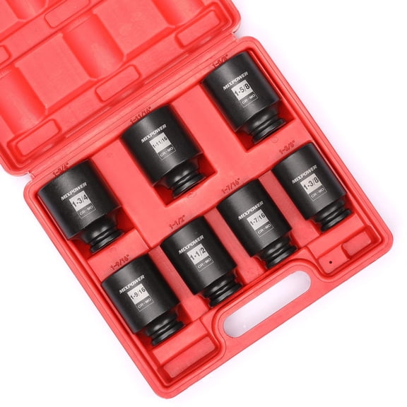 MIXPOWER 1/2-inch Drive Deep Impact Socket Set, inch, Cr-Mo, 6-Point, 1-3/8-inch - 1-3/4-inch, 7-Piece 1/2" Dr. Deep Spindle Axle Nut Impact Socket Set