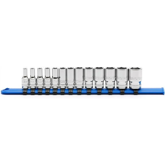 MIXPOWER 1/4" Drive Mid-Length Socket Set with Storage Rails, 13-Piece, 6 Point, 4-15mm, CR-V, Metric, Semi-Deep Socket Set