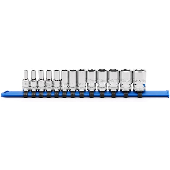 MIXPOWER 13-Piece 1/4-inch Drive Mid-Length Socket Set, Metric 4mm-15mm, 6-Point, Chrome Vanadium Steel, Mirror Finish, with Storage Rail