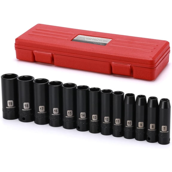 MIXPOWER 13 Pieces 3/8-Inch Drive Deep Impact Socket Set, 7mm to 19mm, CR-V, Metric, 6 Point, Deep, 13 Pieces 3/8" Dr. Socket