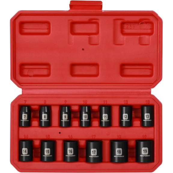MIXPOWER 13 Pieces 3/8-Inch Drive Shallow Impact Socket Set, 7mm to 19mm, CR-V, Metric, 6 Point, Shallow, 13 Pieces 3/8" Dr. Socket