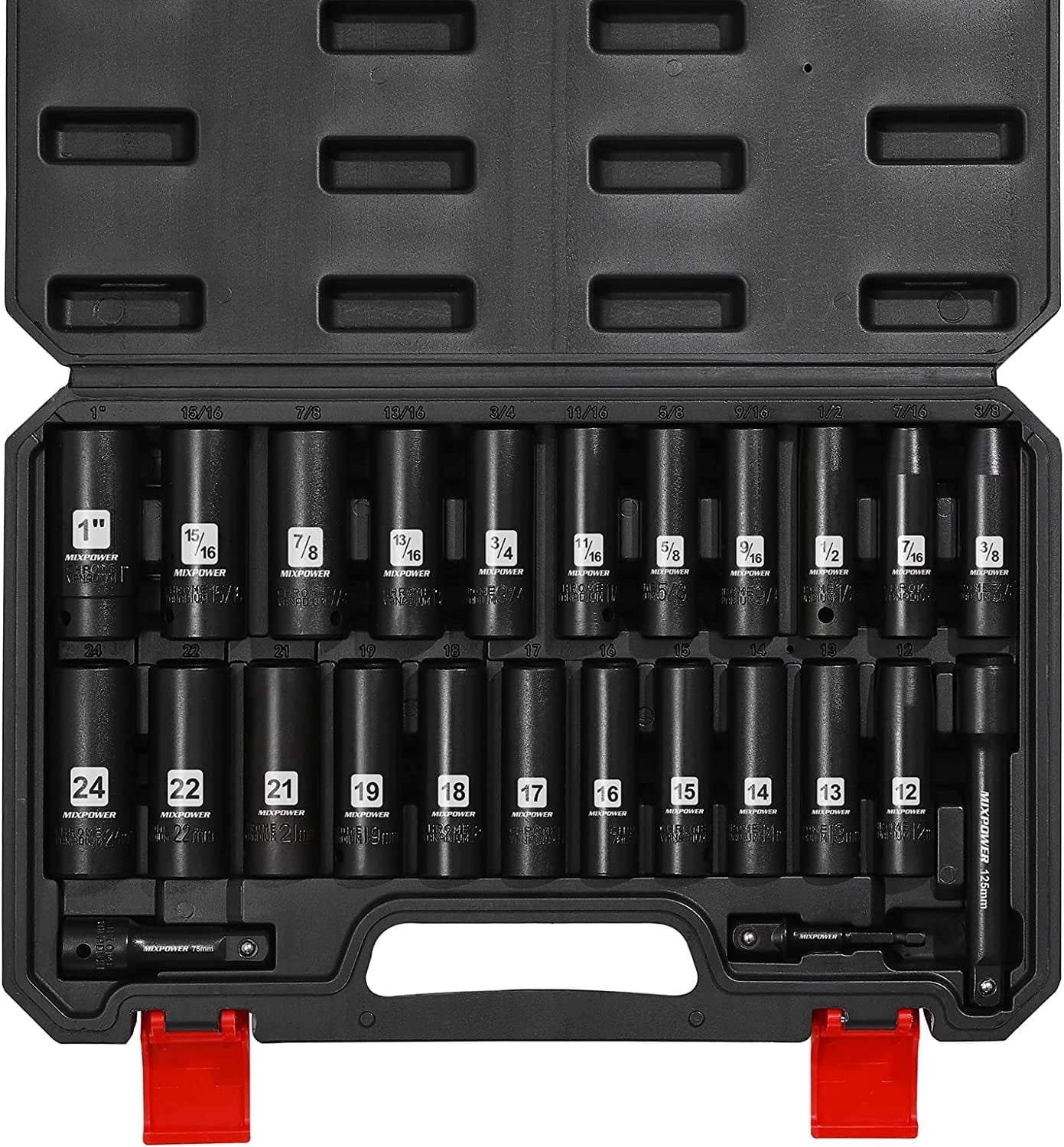 MIXPOWER 25‑Piece 1/2‑Inch Drive Deep Impact Socket Set, CR‑V Steel, Metric & SAE with Extension Bars & Adapter