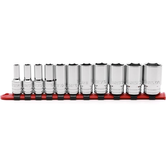 MIXPOWER 3/8" Drive Mid-Length Socket Set with Storage Rails, 11-Piece, 6 Point, 1/4"-7/8, CR-V, SAE, Semi-Deep Socket Set