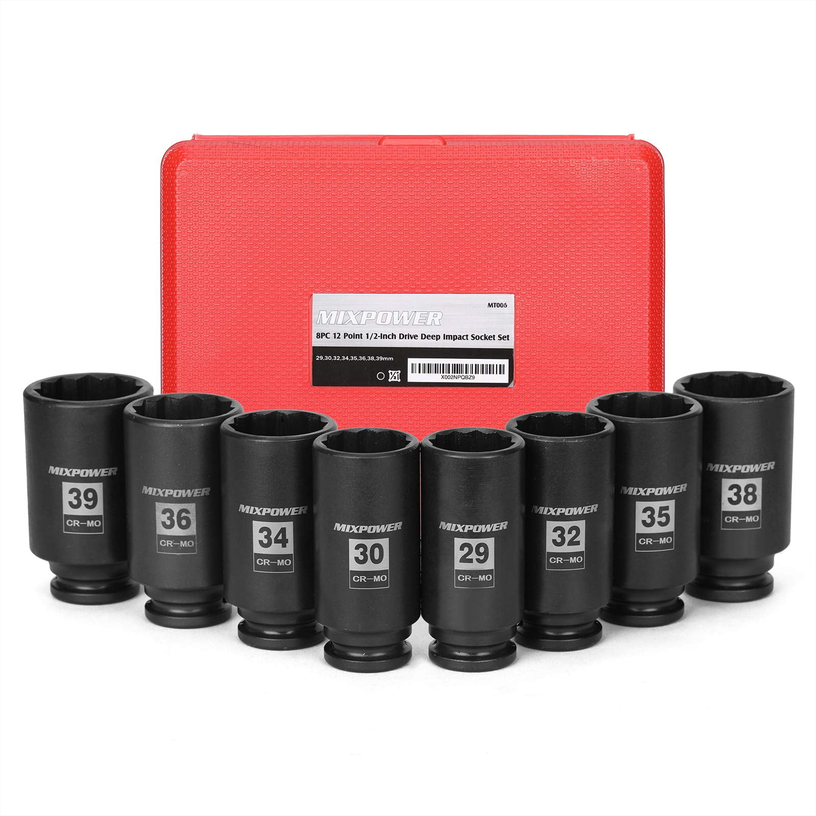 MIXPOWER 8-Piece 1/2-inch Drive Deep Impact Socket Set,12 Point, Metric, CR-MO, 29,30 32 34 35,36,38,39mm, Heavy Duty Impact Socket Set