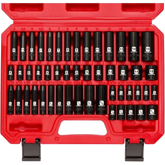 MIXPOWER PRO 50 Pcs 1/4" Drive Impact Socket Set, 6-Point Cr-V Steel, Shallow & Deep, SAE (5/32" to 9/16") & Metric (4mm to 15mm)