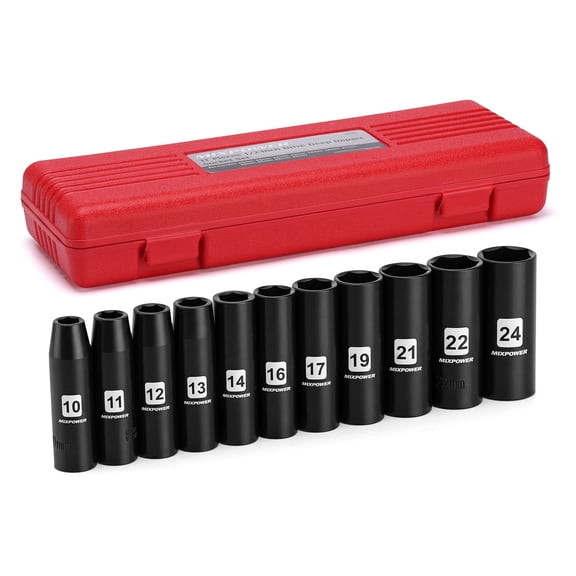 MIXPOWER PRO 11-Piece 1/2" Drive Deep Impact Socket Set, 6-Point, CR-V Steel, Metric 10mm - 24mm