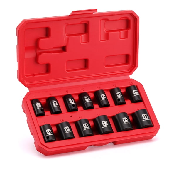 MIXPOWER PRO 13-Piece 3/8" Drive Metric Impact Socket Set, Shallow, 6-Point, 7mm-19mm, CR-V Steel, with Storage Case