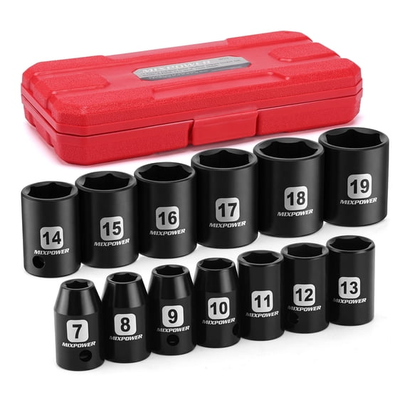 MIXPOWER PRO 13-Piece 3/8" Drive Metric Impact Socket Set, Shallow, 6-Point, 7mm-19mm, CR-V Steel, with Storage Case