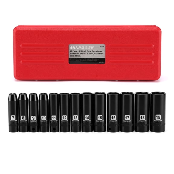 MIXPOWER PRO 13 Pieces 3/8" Drive Deep Impact Socket Set, 7mm to 19mm, CR-V, Metric, 6 Point, Deep, with Storage Case