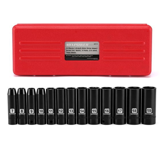 MIXPOWER PRO 13 Pieces 3/8" Drive Deep Impact Socket Set, 7mm to 19mm, No Skipped Sizes, CR-V, Metric, 6 Point, Rugged Construction, Enhanced Storage Case