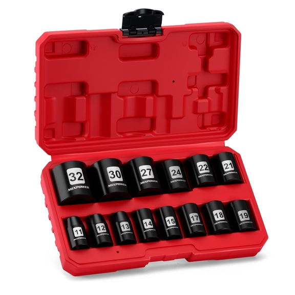 MIXPOWER PRO 14 PCS 1/2" Drive Shallow Impact Socket Set, 11-32mm, Metric, 6-Point, Cr-V, with Sturdy Storage Case