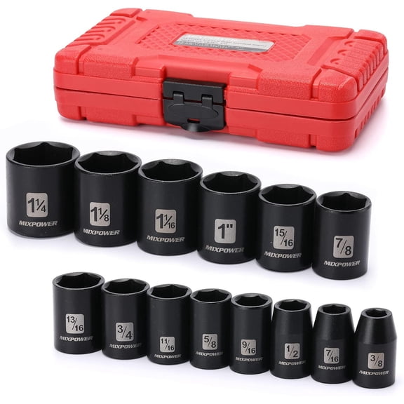 MIXPOWER PRO 14-Piece 1/2" Drive Large Impact Socket Set, Shallow SAE Socket Set 3/8" to 1-1/4", 6-Point, CR-V Steel