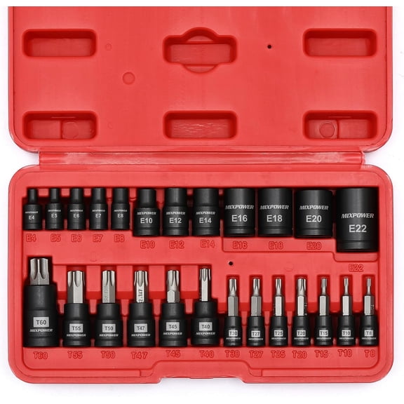 MIXPOWER PRO 25-Piece Torx Bit and Socket Set, T8-T60, E4-E22, S2 Alloy & Cr-V Steel, Black Phosphate Finish, Auto & Motorcycle Mechanic Set