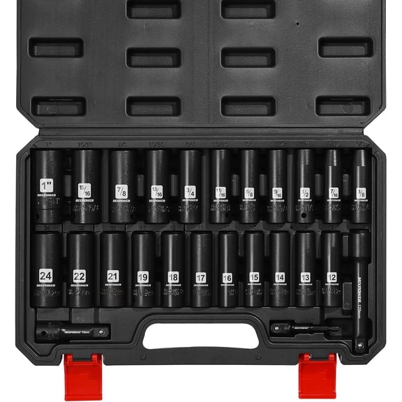 MIXPOWER PRO 25PCS 1/2" Drive Deep Impact Socket Set, 6-Point, Metric (12 to 24mm) , SAE (3/8" to 1") , With Extension bars (3", 5") , Adapter (1/2"-1/4") , Cr-V Steel, with Sturdy Storage Case