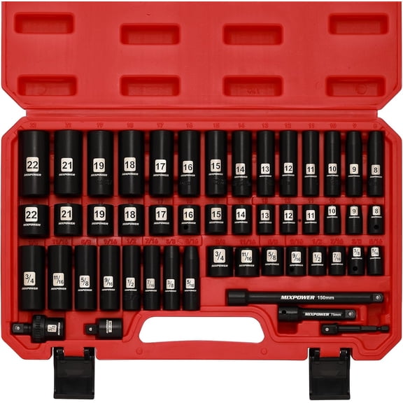 MIXPOWER PRO 49 Pcs 3/8" Drive Deep Impact Socket Set, 6-Point, Cr-V Steel, Sae (5/16" to 3/4") & Metric (8-22mm), with Universal Joint, Extension Bars & Adapters