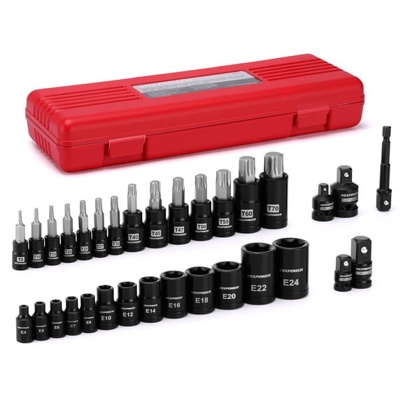 MIXPOWER PRO 32-Piece Torx Socket Set, 1/4-1/2 Drive, Star Bits T8-T70 & E-Torx E4-E24, CR-V & S2 Alloy Steel