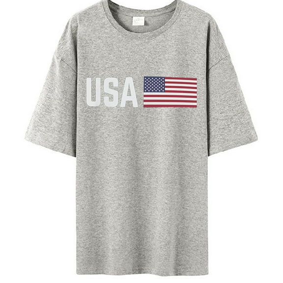 MIXUE 4th Of July Shirts For Men Summer Independence Day Flag Print Crew Neck Short Sleeve Casual Pullover Tops Tshirts Outwear,Gray,XXL