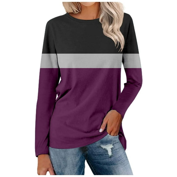 MIXUE Autumn Winter Color Block Striped Print Crew Neck Long Sleeve Fashion Casual Tshirts Activewear,Purple,S