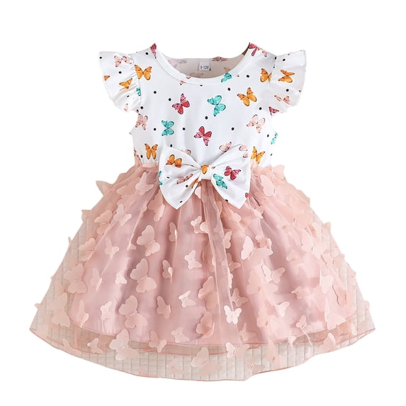 MIXUE Baby Girls Casual Dresses Summer Butterfly Print Crew Neck Short Sleeve Bowknot Slim A Line Princess Dress Holiday Wear,Pink,9-12 Months