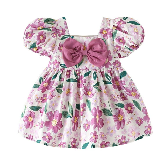 MIXUE Baby Girls Casual Dresses Summer Floral Print Square Collar Ruffled Bowknot Short Sleeve A Line Casual Party Princess Dress Activewear,Pink,6-12 Months