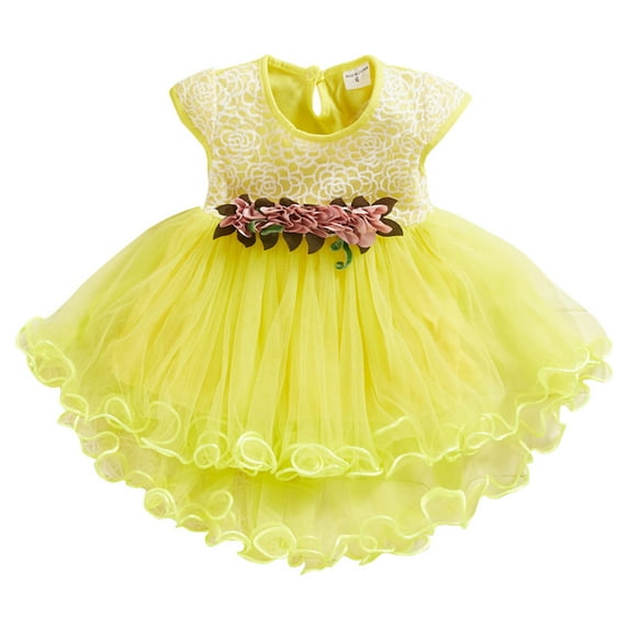 MIXUE Baby Girls Casual Dresses Summer Flowers Solid Color Crew Neck Ruffle Fly Sleeve Beach Mesh Tutu Dress Beachwear,Yellow,12-18 Months