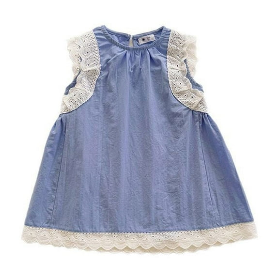 MIXUE Baby Girls Casual Dresses Summer Solid Color Crew Neck Sleeveless Lace Swing Princess Vacation Dress Outwear,Blue,18-24 Months