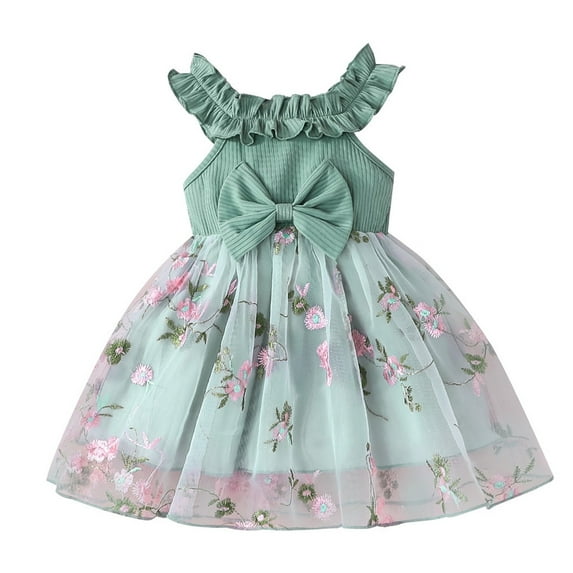 MIXUE Baby Girls Casual Dresses Summer Solid Color Floral Embroidery Crew Neck Ruffle Sleeveless A Line Comfortable Dress Daily-Wear,Green,9-12 Months